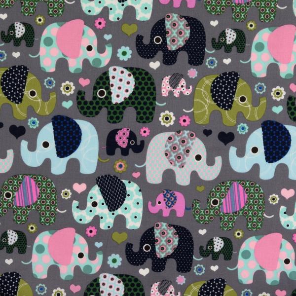Baumwoll Druck Patchwork Elefanten Rosa/Mint/Grün auf Grau